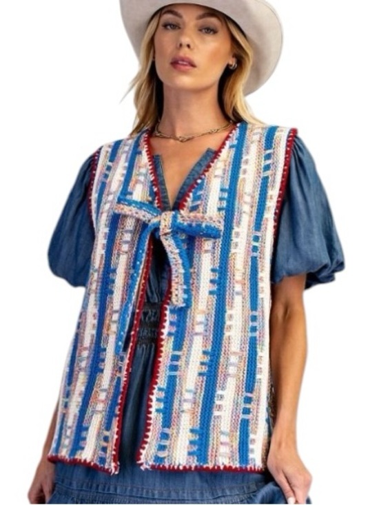 easel Tops - 967:  EASEL NWT CROCHET VEST MULTI BLUE (H18)